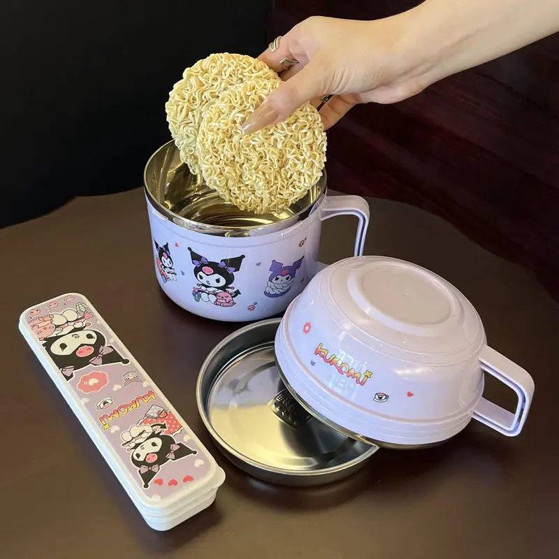 Sanrios lindo tazón Kuromi dormitorio tazón de fideos con tapa vajilla de moda de gran capacidad Venta caliente regalos portátiles de alta gama