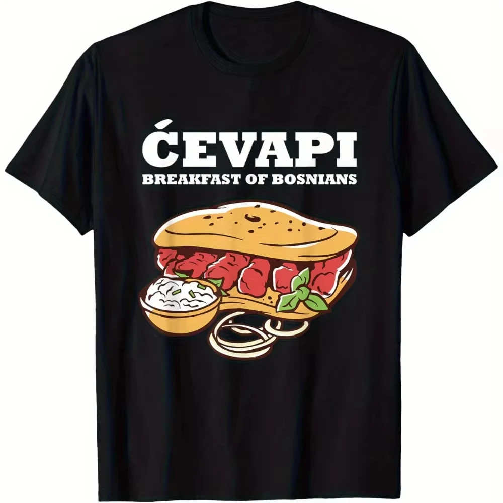 Men's Croatian Bosnian Cuisine 2026 New T-Shirt Sandwich Graphic with Kajmak Bakalar Soft Casual Loose Fit for Balkan Lovers