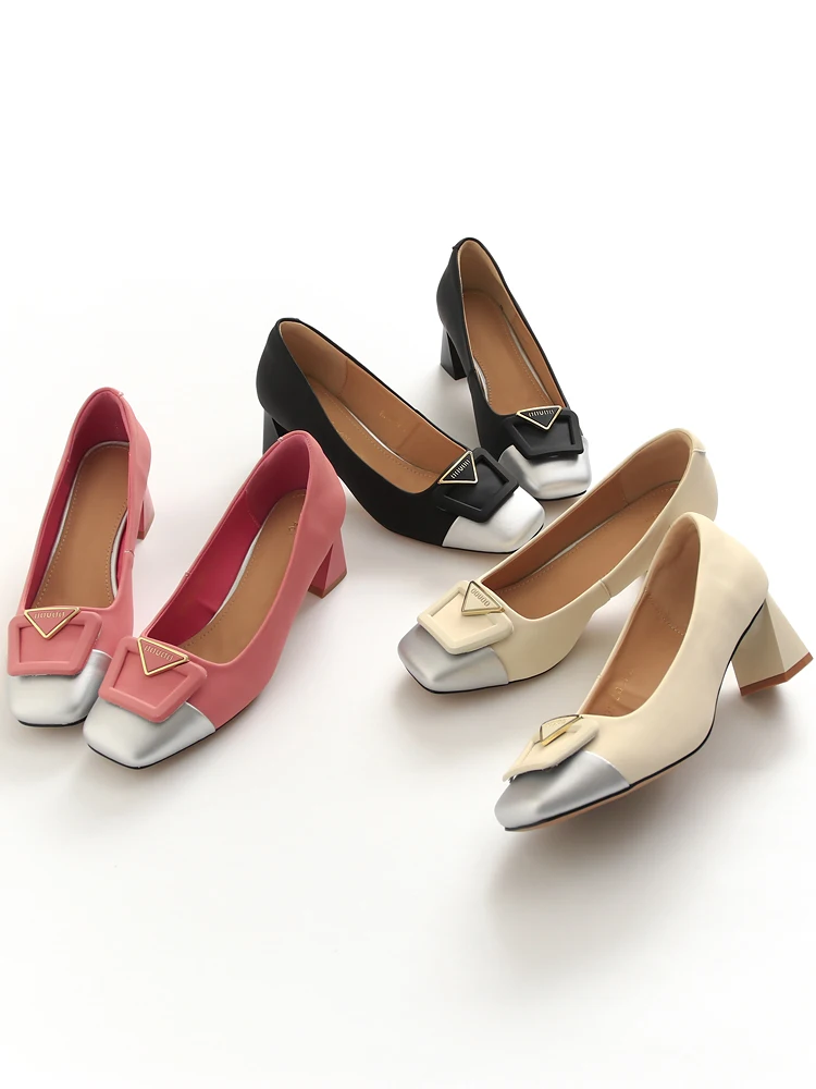 

Elegant Square Toe High Heels Fashionable Korean Style Women's Shoes Comfortable mid Heel Artificial Leather Casual Footwear