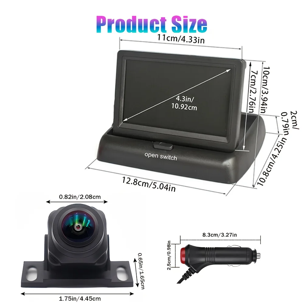Backup Rearview Camera Kit - 4.3-Inch Folding Display universal Car Camera, Plug and Play - for Pickup Trucks, SUVs, and RVs