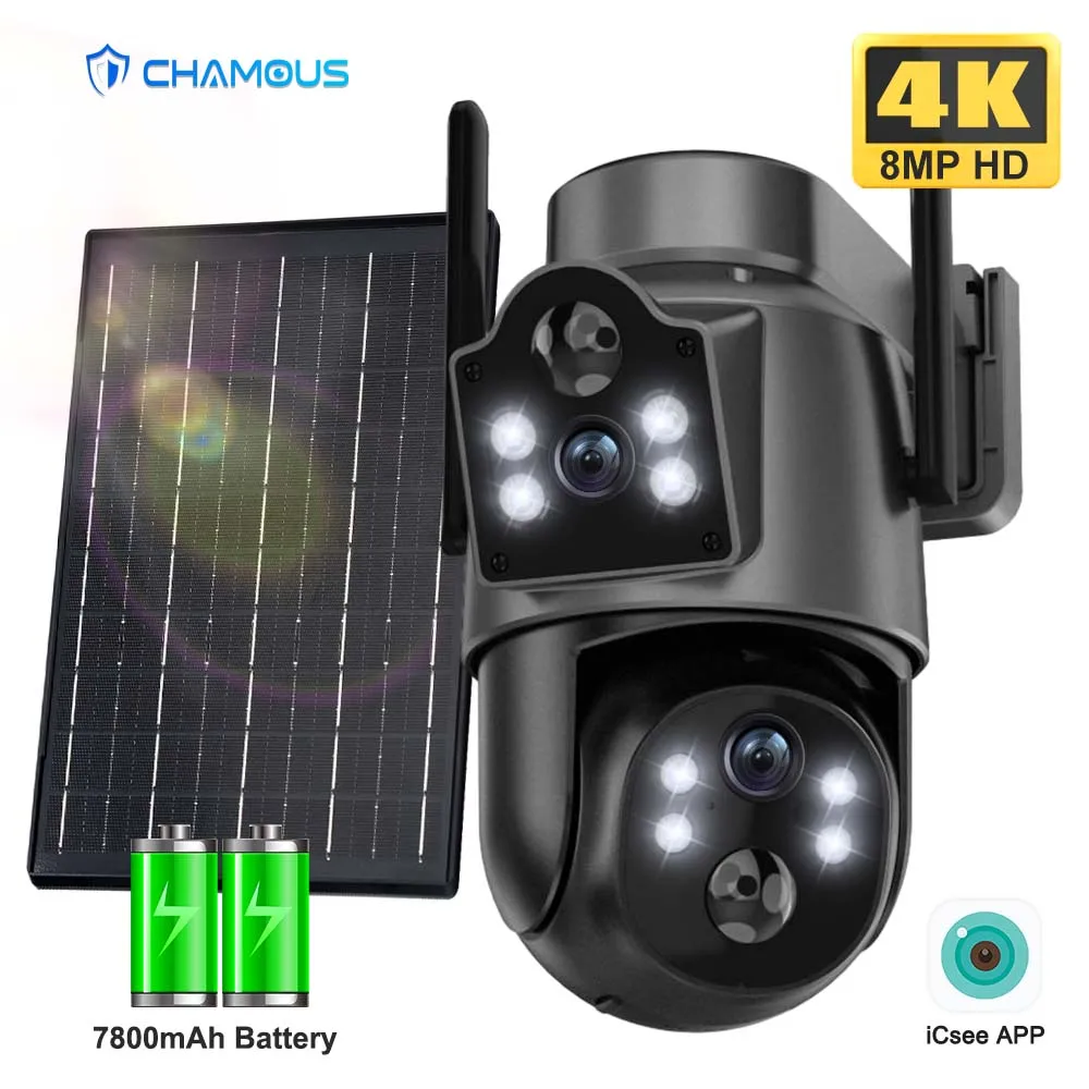Caméra solaire WiFi double objectif double écrans 8MP 4K PIR détection humaine caméras de sécurité extérieures avec batterie caméra de Surveillance vidéo