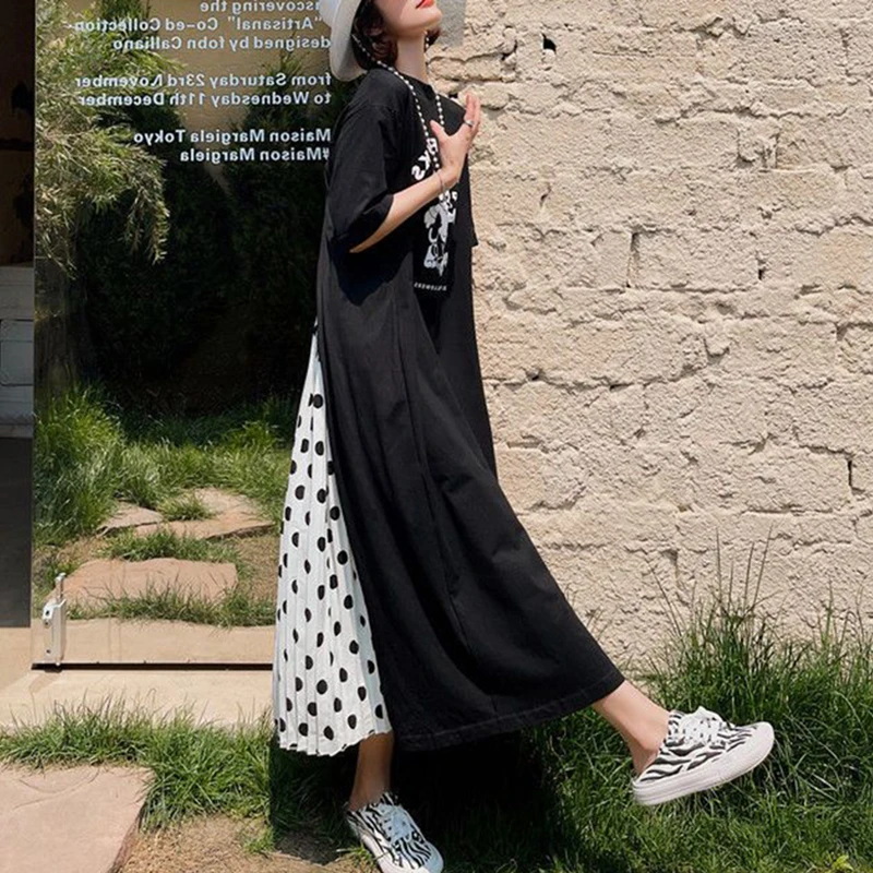 패션 느슨한 접합 인쇄 된 편지 접기 폴카 도트 캐주얼 드레스 여성 의류 2025 여름 새로운 가짜 두 조각 미디 드레스