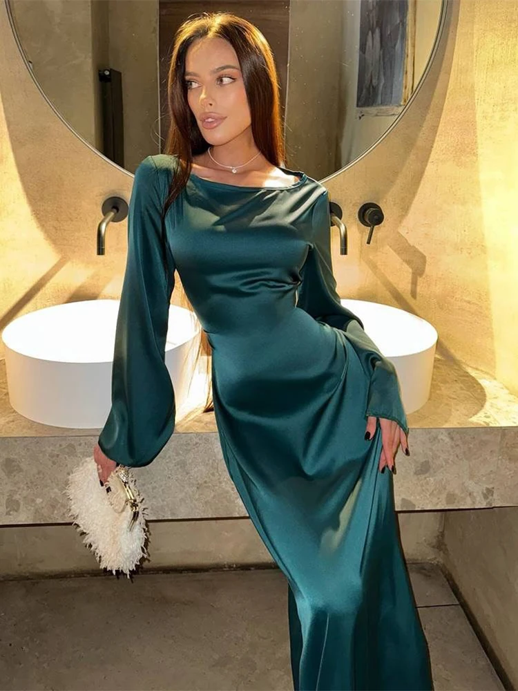 Cutenew-maxivestido clásico elegante de satén para mujer, vestido Sexy fruncido de manga larga, sencillo, para fiesta de graduación, cóctel, ceñido al cuerpo