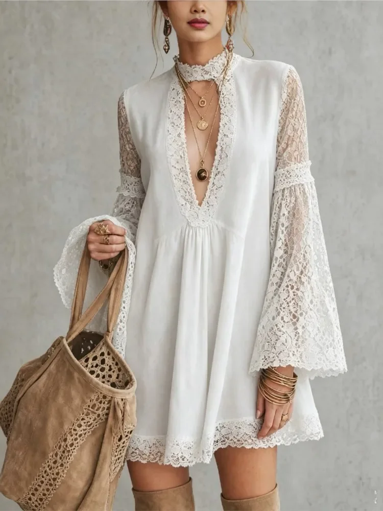 2026 new Women European Vintage Bohemian Mini Dress Army Green Lace Splicing V Neck Flare Sleeve Loose Babydoll Dress