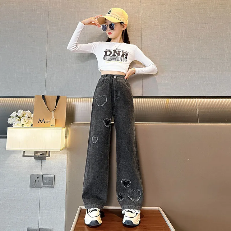 New Spring Autumn Girls Jeans Heart Embroidery Loose Wide-leg Pants For 4-14 Years Old Teen Girls Children Present Trousers