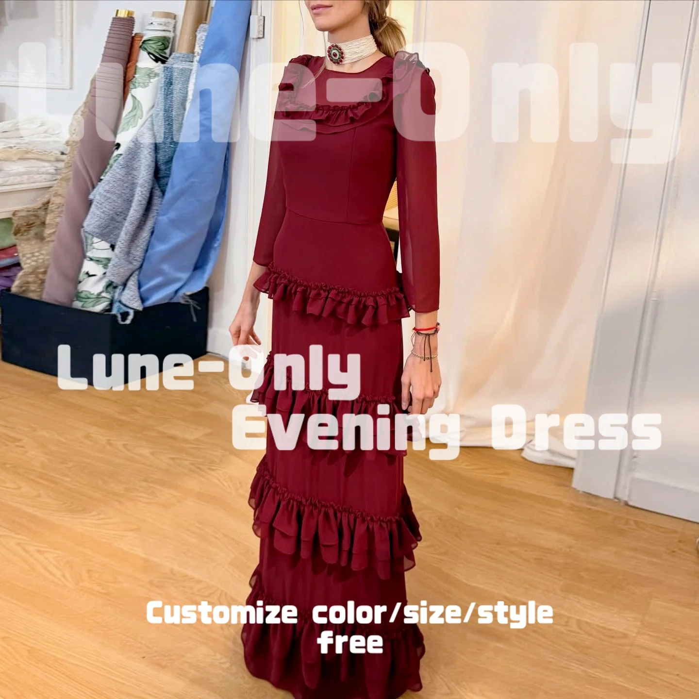 تخصيص عنابي الشيفون المتدرج الكشكشة النساء فساتين السهرة طويلة الأكمام أنيقة حزب ثوب مستقيم حفلة موسيقية اللباس الرسمي #1