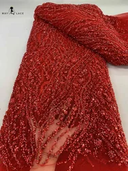 Red African Tulle Beaded Lace Fabric, French Sequins Fabric, Sewing Embroidery Beads, Nigerian Dresses, 5 Yards, 2024
