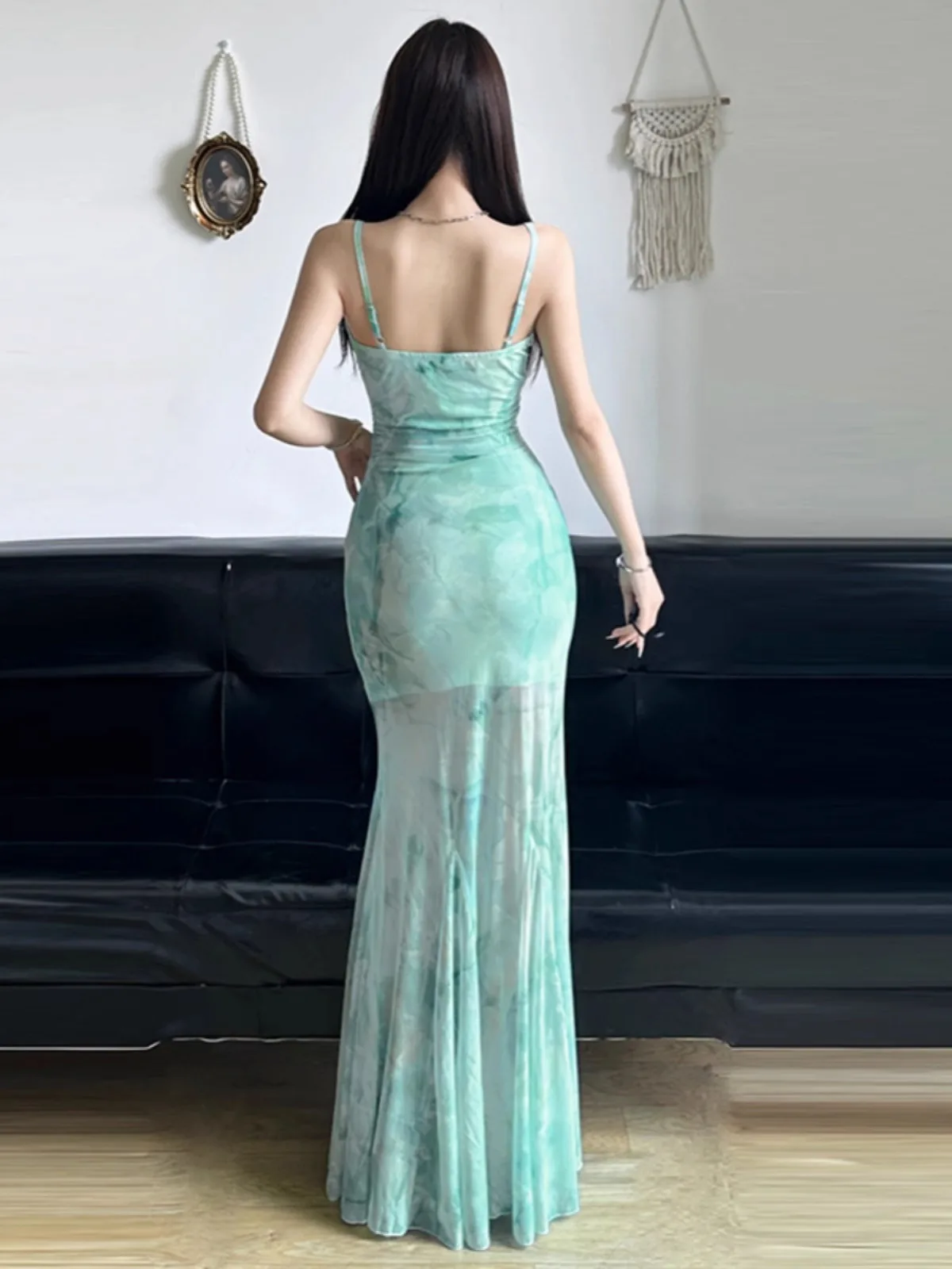 Groene mesh bedrukte hemdje rok voor dames zomer nieuwe stijl Pure Desire sexy slim fit fishtail lange rok