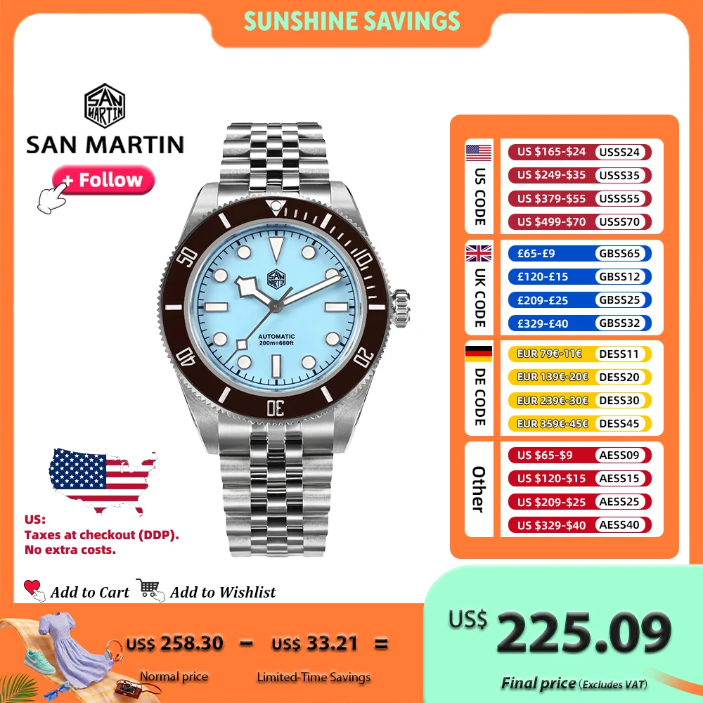 San Martin 40mm Diver Watch Enamel Dial Light Blue Pink Stainless Steel NH35 Automatic Luminous 200m Waterproof for Men SN0128