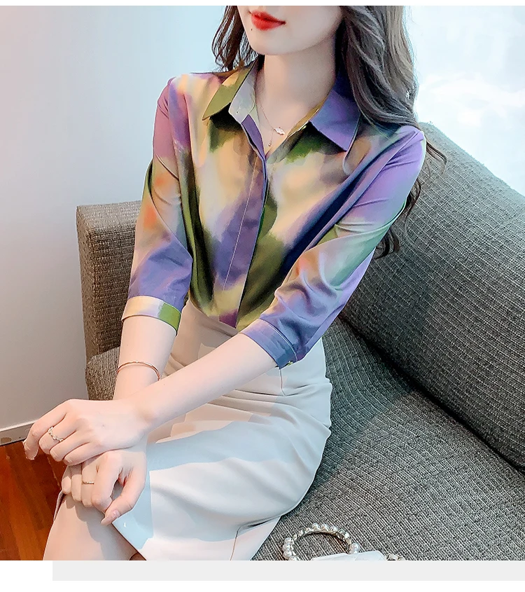 FANIECES blusa mujer Purple Printed Summer Shirts Blouse for Women Long Sleeve Slim Shirts Turn-down Collar Female Tops Blouses