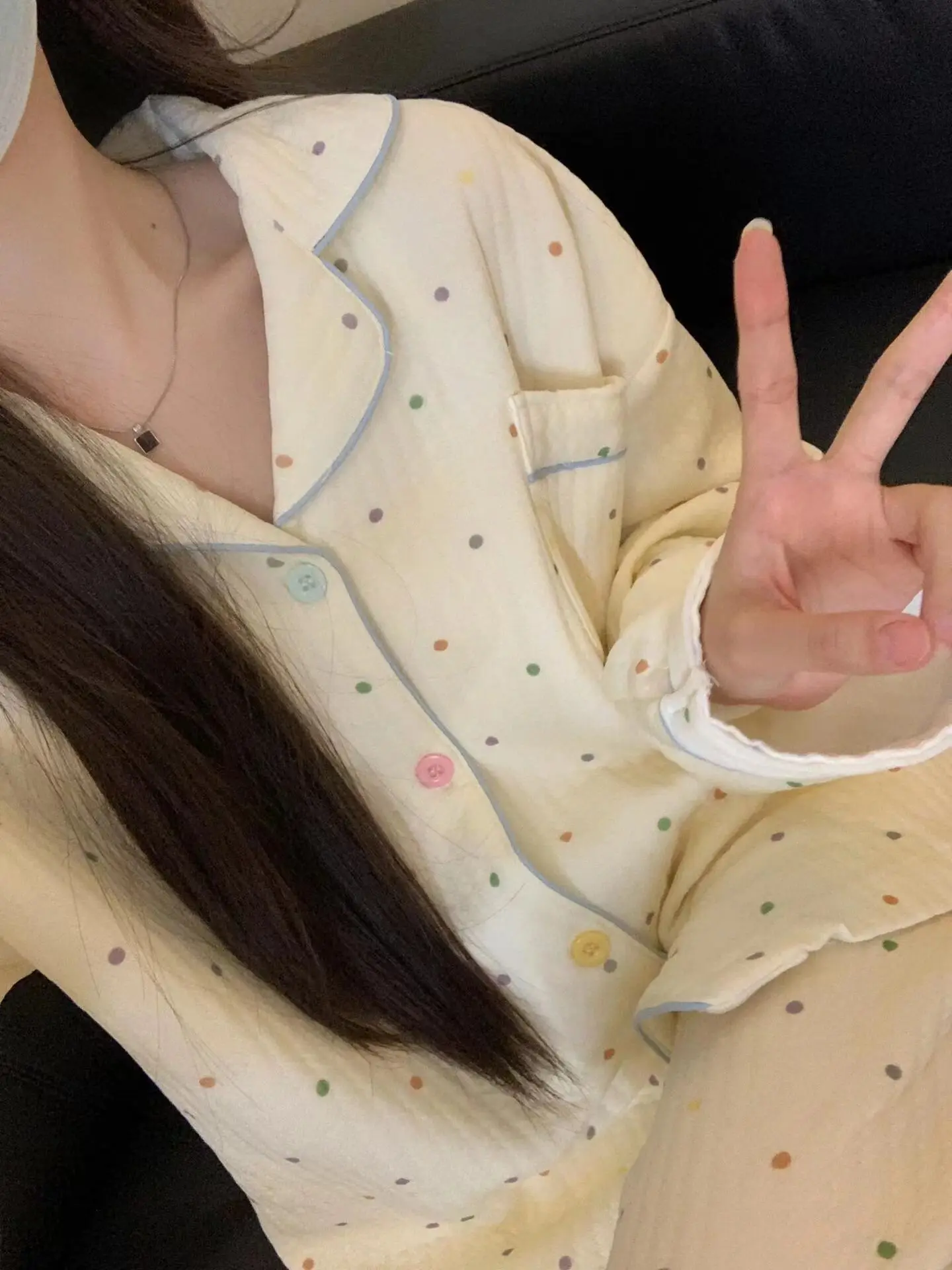 Sweet Cute Polka Dot Air Cotton Layered Long Sleeve Sleepwear Set Women's Home Clothes V-Neck Button Front Cardigan Style