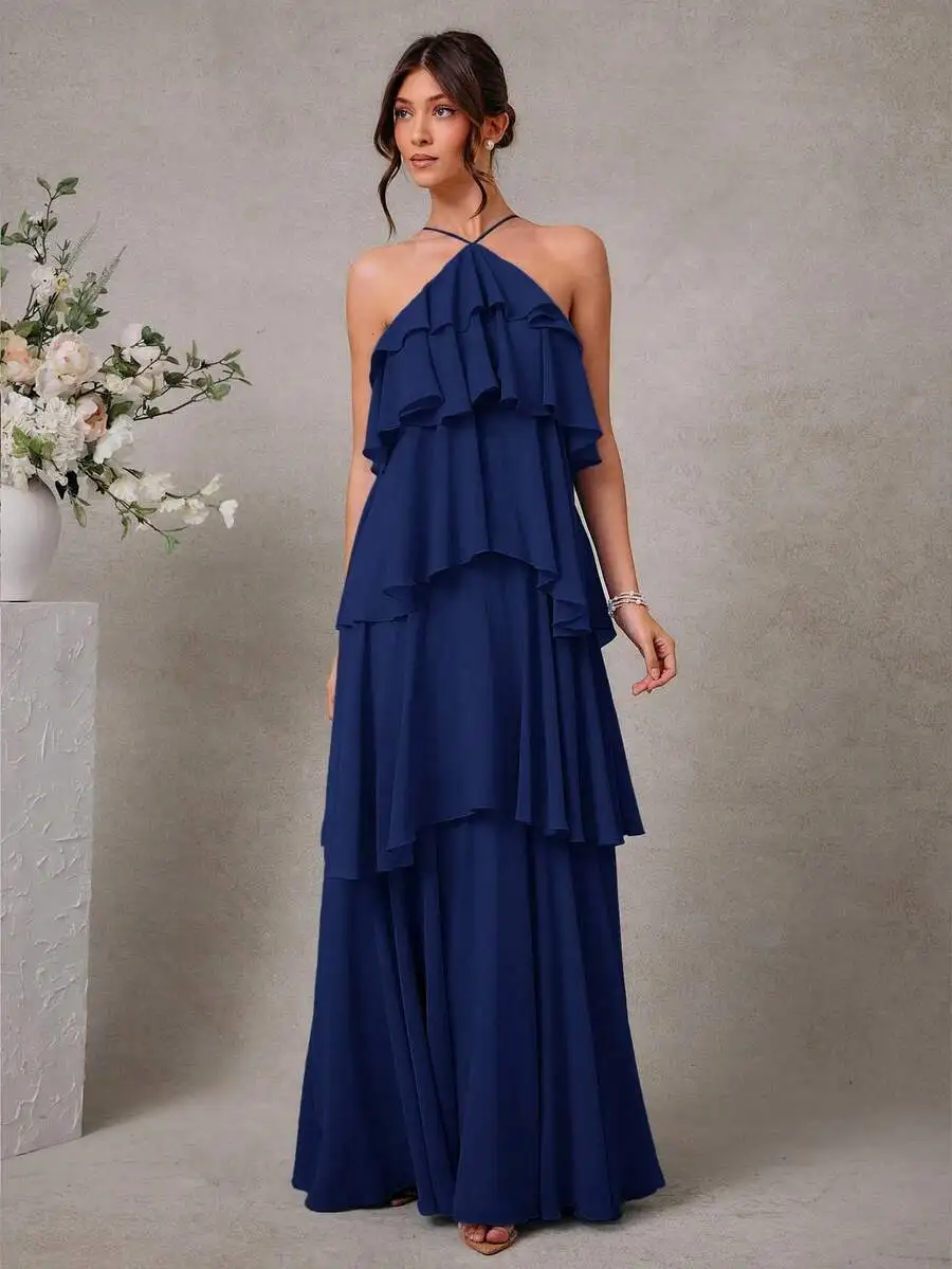 

Navy Blue Halter Neck Tiered Chiffon Maxi Dress with Ruffles