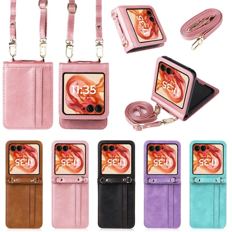 

For Motorola Razr 50 Integrated Hard Case PU Shockproof Non-Slip Crossbody Back Cover For Motorola Moto Razr 2024 Phone Case