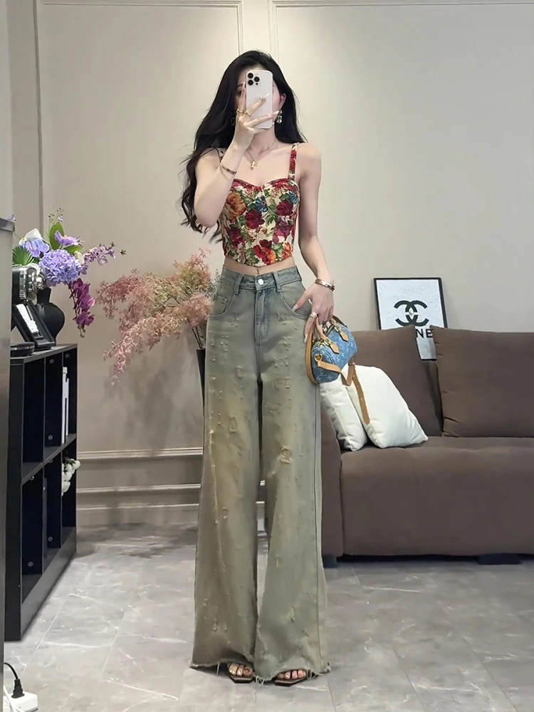 

Сексуальный жилет с принтом на бретельках, женский летний облегающий жилет, оригинальная модель, широкие брюки с высокой талией, джинсовая синяя хлопковая ткань