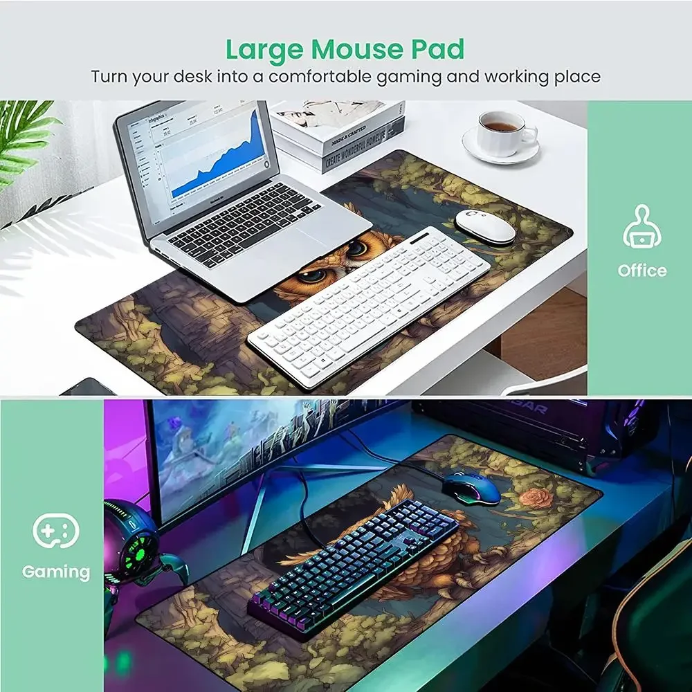 Alfombrilla de ratón con ilustración de búho bonito, alfombrilla de escritorio con bordes cosidos, base de goma antideslizante, accesorios para pc, alfombrilla para juegos, alfombrilla extendida