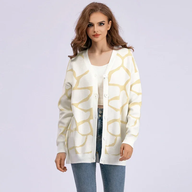 Fashion Print Cardigans For Women 2024 Autumn Winter Knitted Jacket Button Up Long Sleeve Oversize Sweater Cardigan Coat