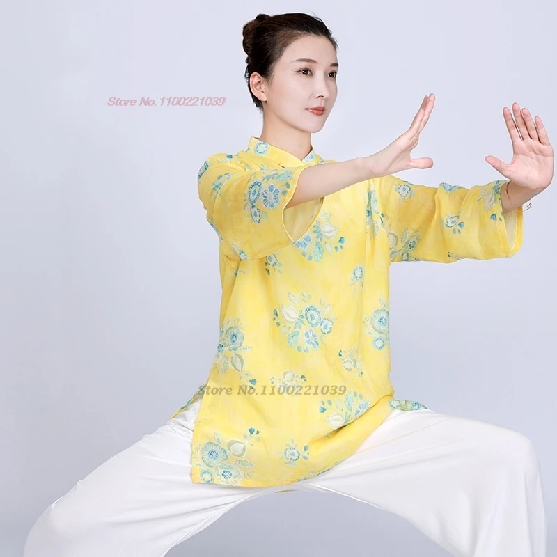 2024 chinese tai chi uniform traditional flower print cotton linen martial arts exercise clothing wingchun kungfu outdoor sport