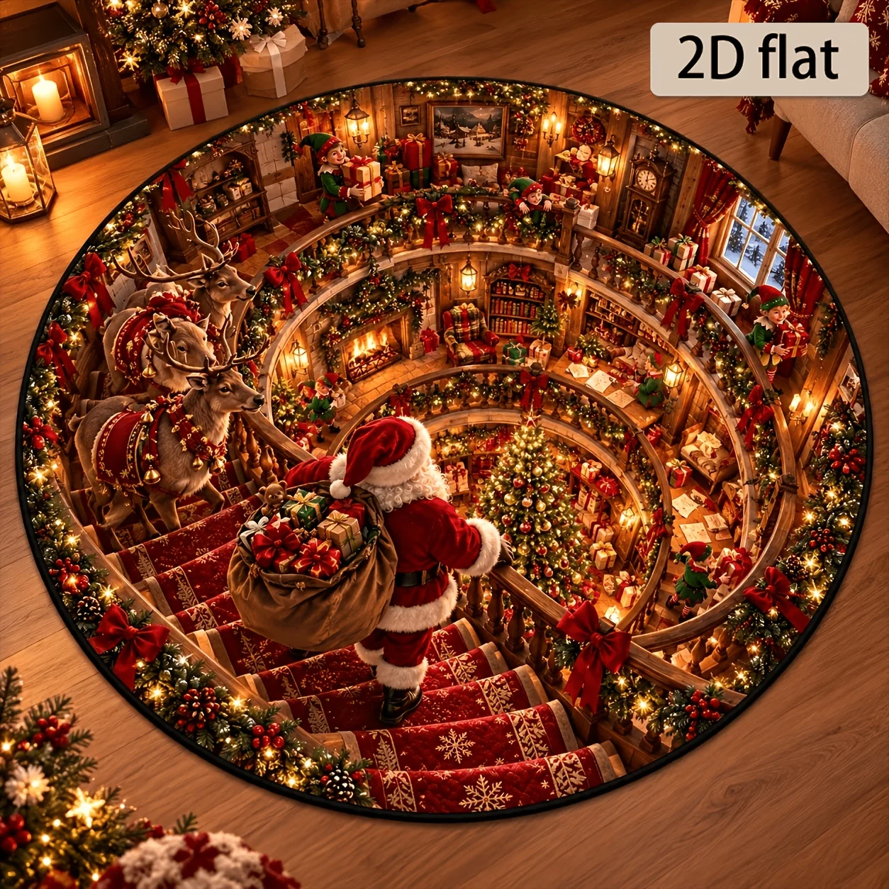 Washable Round Floor Pad 2D Flat Christmas North Pole Santa Snowman Pet Design Non Slip Soft Rug Holiday Accessory