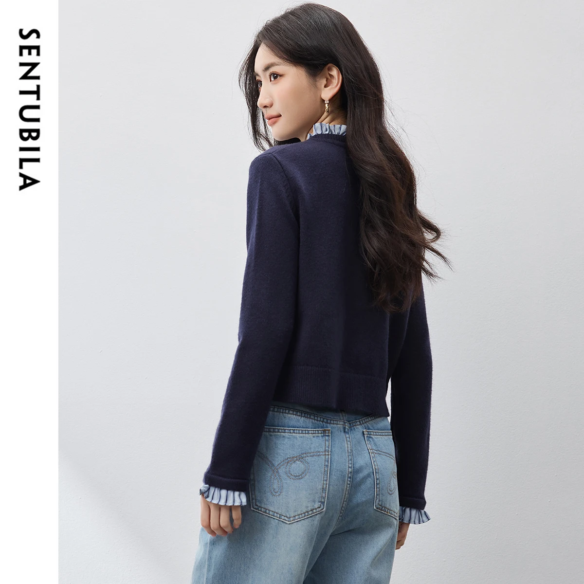 SENTUBILA Navy Blue Cardigan For Women 2025 New Knit Patchwork 2 In 1 Single Button Ruffled Collar Female Jumpers W53H80402