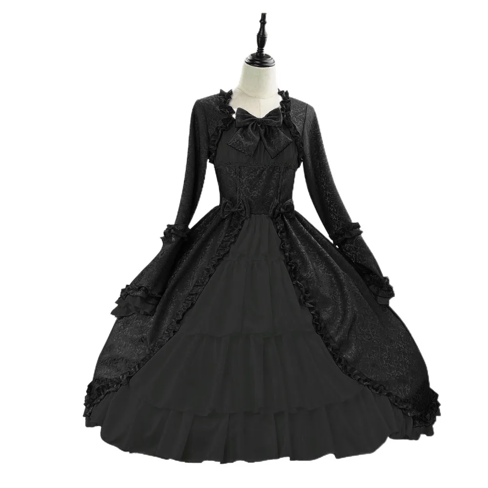 Retro Square Neck Court Lolita Dress Gothic Cosplay Medieval Dress Women Fairy Tight Waist Bow Dress Women