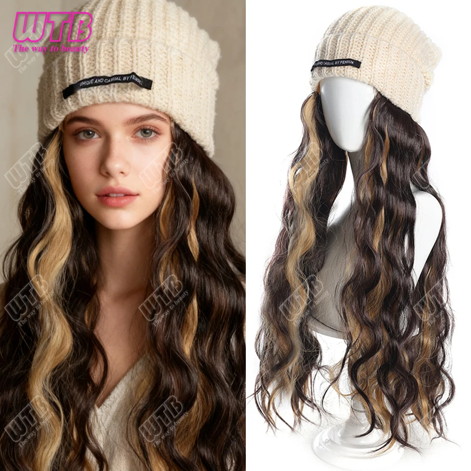 

Synthetic Long Curly Hair Hat Wig Knitted Hat Long Wavy Curly Hair Highlights Wig
