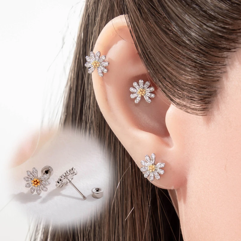 20G Flower Cubic Zirconia Ear Stud Earrings, Hypoallergenic 