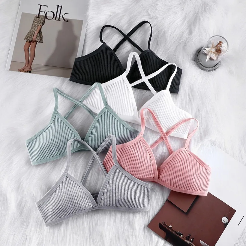 

4pcs Unlined Bra Sports V Triangle Cup Cross Sexy Underwear Bra for Woman Set Non Wire Back Cotton Lingerie Set