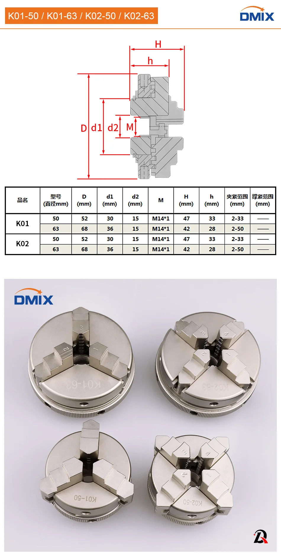 DMIX K01-50 K01-63 K02-50 K02-63 4-Backen-selbstzentrierendes 3-Backen-selbstzentrierendes manuelles Scroll-Mini-Holzdrehfutter – Detail 1