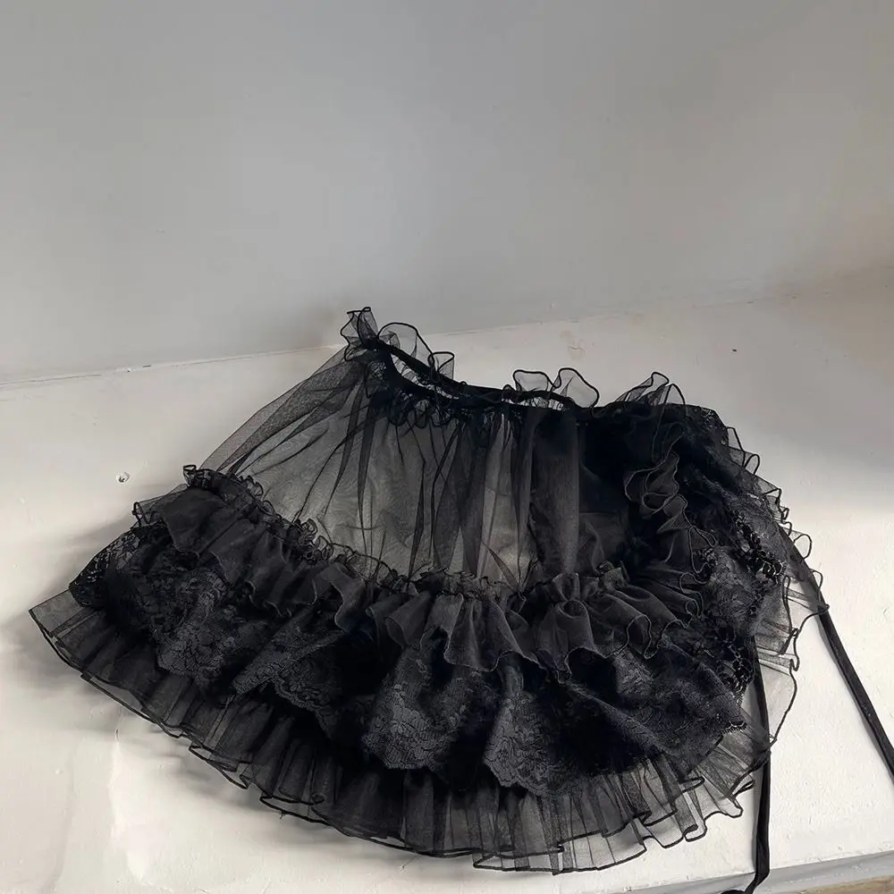 Versatile White Black Lolita Short Shawl Lace Mesh Sheer Princess Capes Cardigan Open Front Ruffles Ace Mesh Skirt Women view 4
