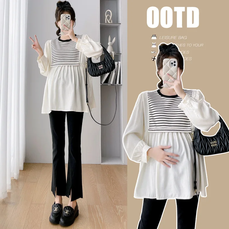 7137# Autumn Korean Fashion Patchwork Maternity Blouses Sweet Lovely Loose Shirt Clothes for Pregnant Women Pregnancy Tops