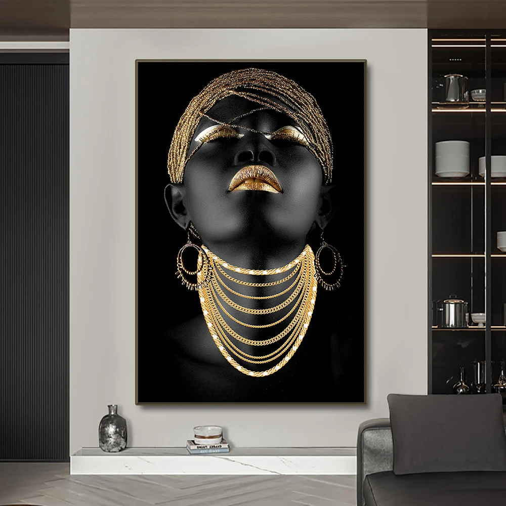 African Women Classic Black Gold Gestures Posters and Prints Female Portraits Canvas Painting Wall Art Pictures for Home Deco