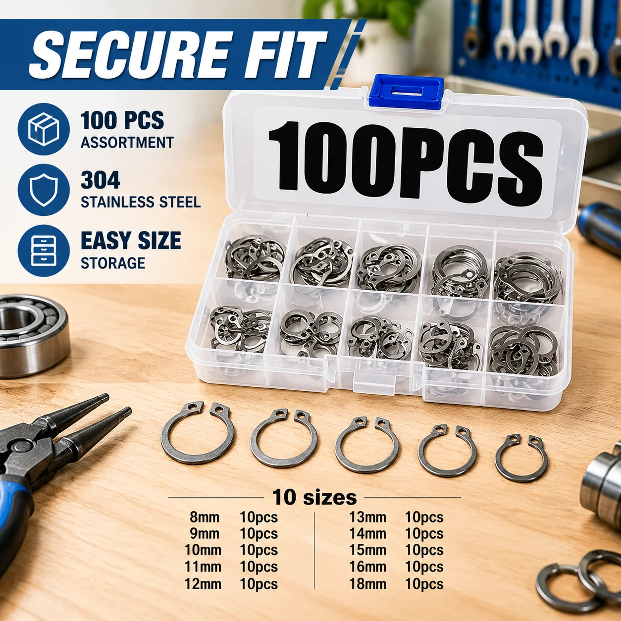 100Pcs 304 Stainless Steel Circlip Set External Internal Retaining C-Type Snap Ring Assortment M8-M18mm Shaft Lock Washers