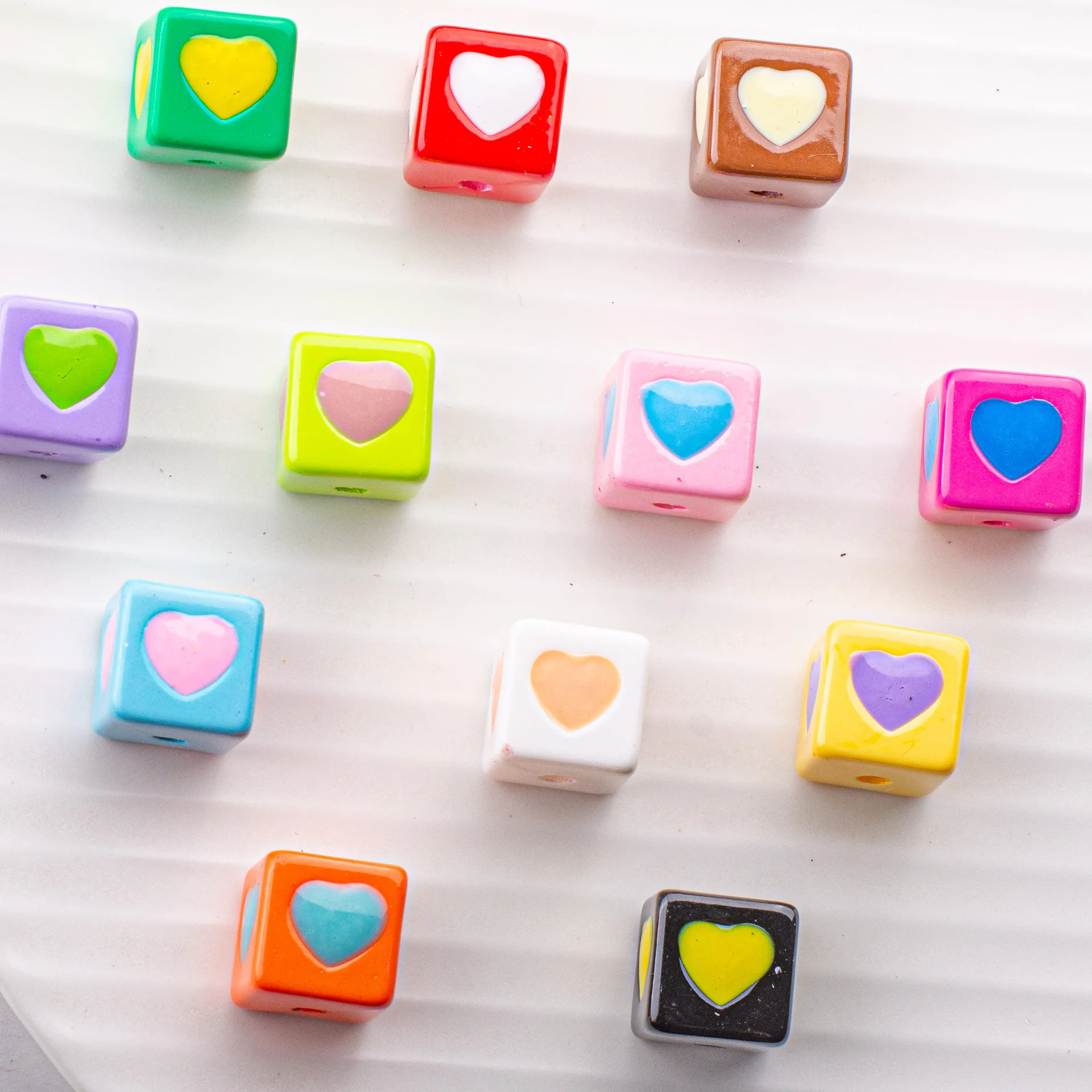 Jewelry Findings 100pcs 12mm Lovely Oil Drop Heart Painting Colorful Cube Square Acrylic Beads Ornament Accessory Beading