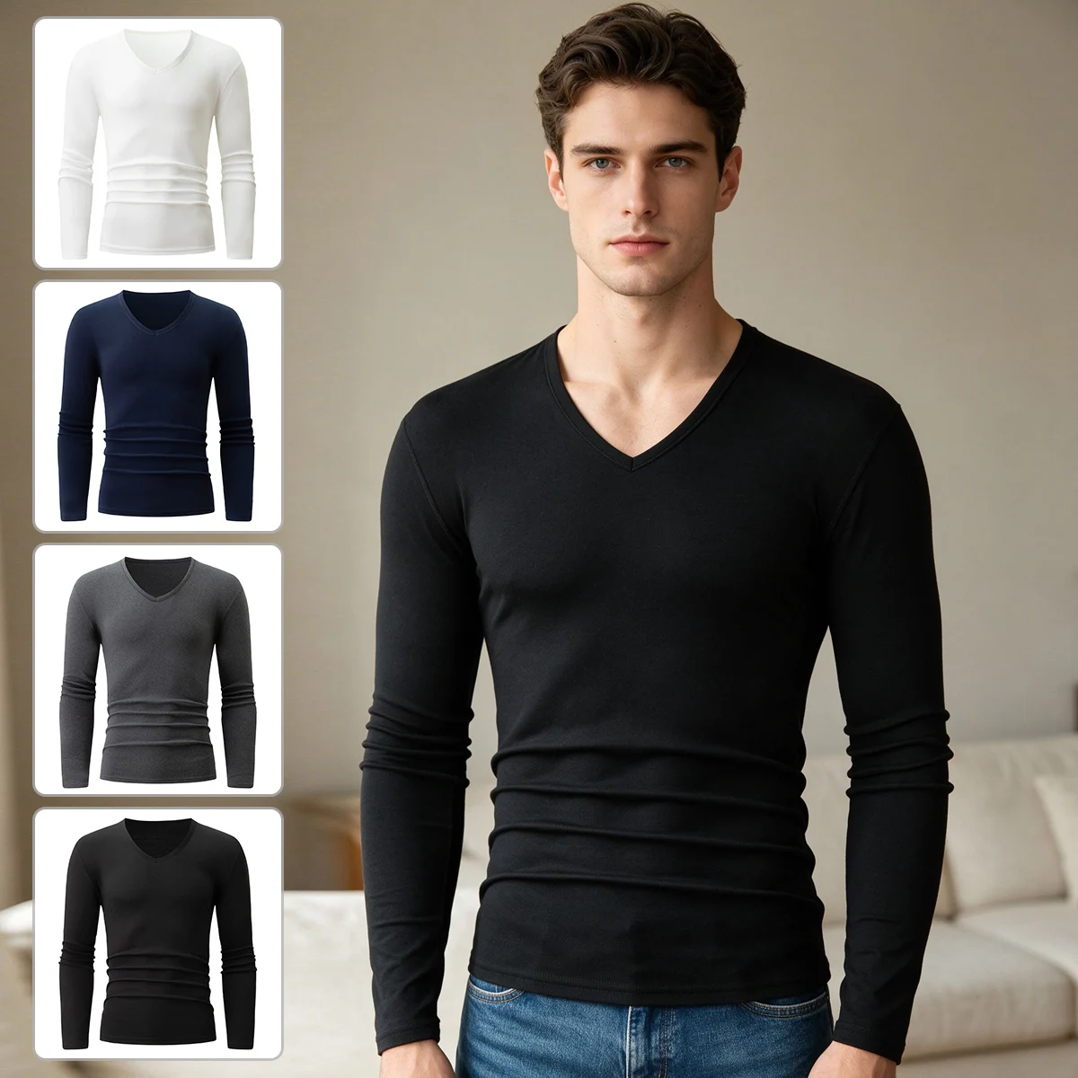 3-Piece Spring And Autumn Men's V-Neck Top Classic Color Matching Fashionable Comfortable Casual Daily Sweat Absorbing