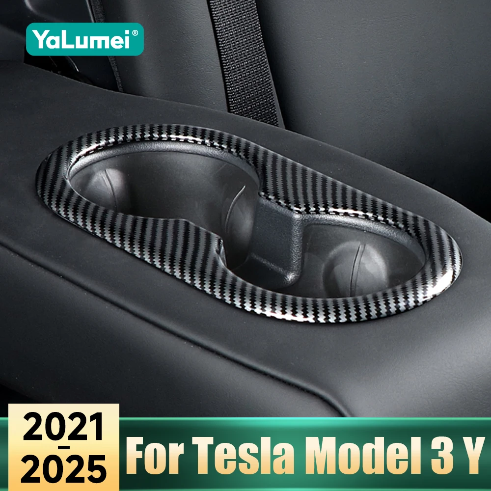 Zubehör für Tesla Model 3 2021–2023 / Model Y 2021–2023 2024 ABS Auto-Rücksitz-Getränkehalter-Abdeckung Zierleisten-Aufkleber
