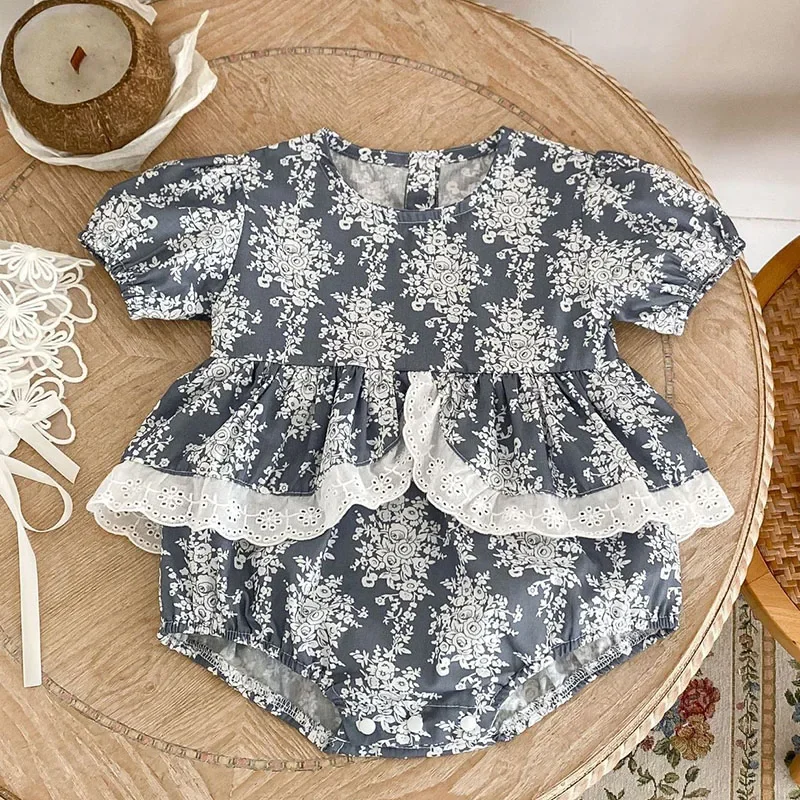 2025 New Summer Infant Baby Girls Bodysuits Short Sleeved Cotton Flower Print Toddler Baby Girls Jumpsuit 0-24M Baby Clothing