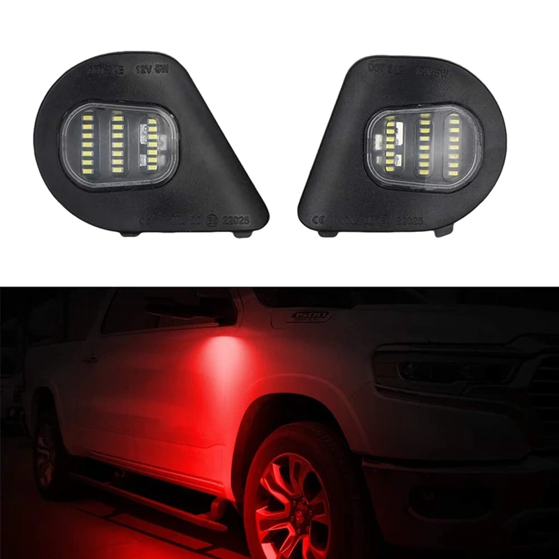 2Pcs Red LED Side Mirror Lights Under Puddle Lamp For 2010-2019 Dodge Ram 1500 2500 3500 4500 5500 68302825AA,68302824AA