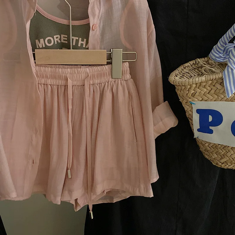 Thin Shirt Three Piece Set Korean Fashion Summer New Cute Casual Temperament Loose Halter Tops Shirt Shorts Three Piece Set