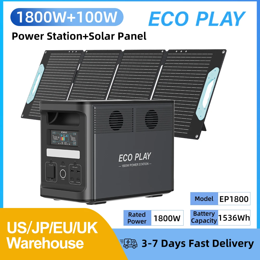 

ECOPLAY 1800 Вт/1536 Втч Энергетические станции Портативные аккумуляторные батареи EP1800 Походные солнечные панели 100 Вт Складные для улицы