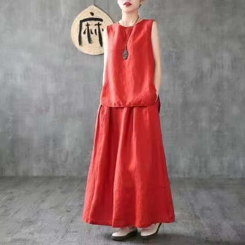 Spring Summer Women Cotton Linen Set Casual Sleeveless O-neck Shirt Two-piece Loose Suit Retro Chinese Style Clothes Female