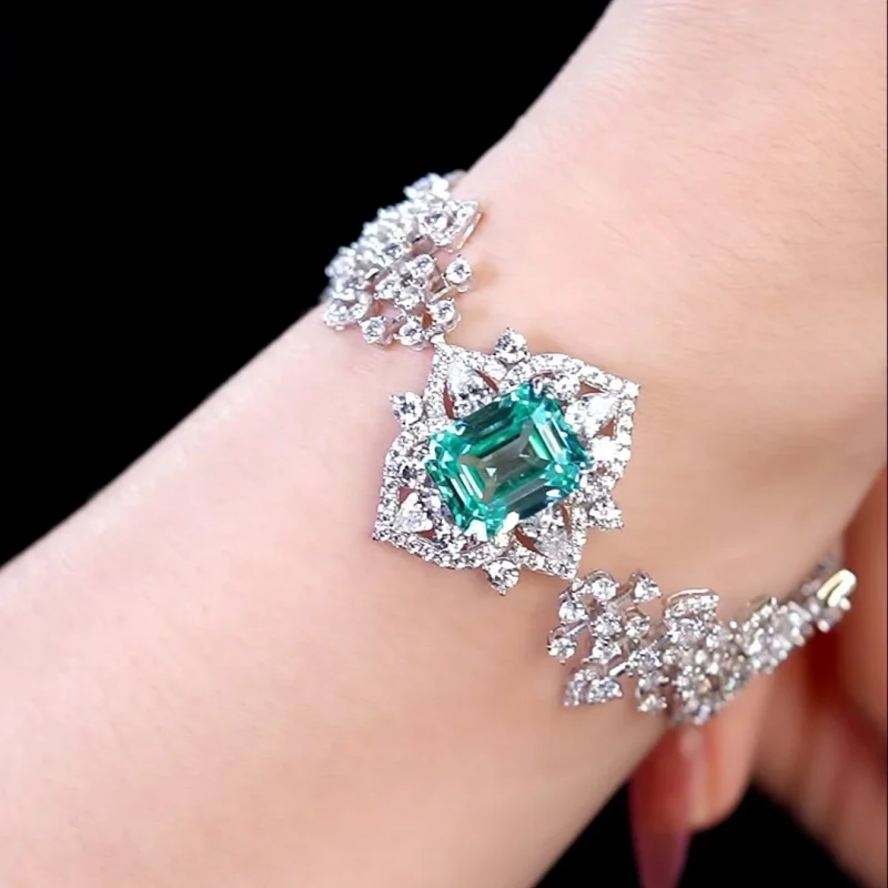 

CAOMEO 925 Silver Synthetic Zircon Bracelet Flower Fairy Series Full White Diamond Rectangular Paraiba Blue Green Bracelet