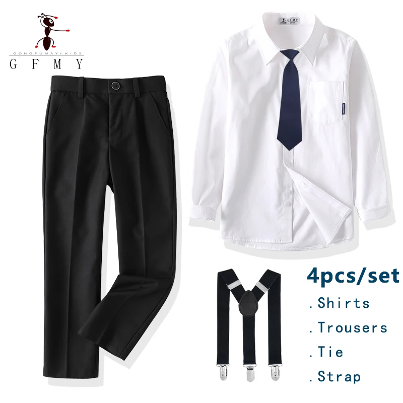 Boy\'s Performance Clothing Long-sleeved White Shirts Suit Straps Trousers Party Wedding School Activities Costume 4 Pieces/Set