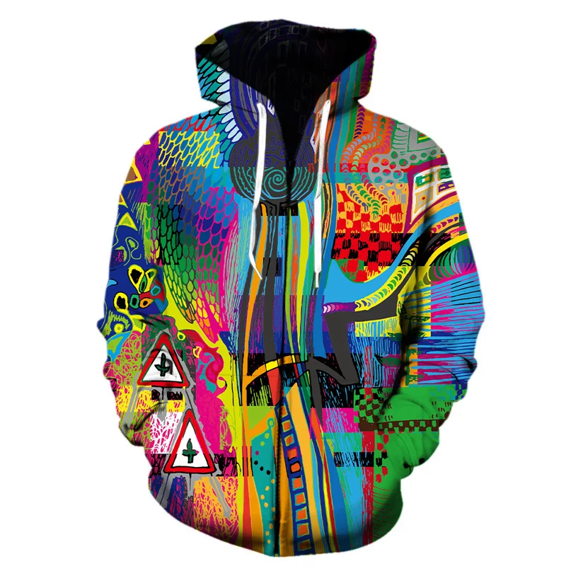 Art Abstract Pattern Zipper Hoodie For Men Colorful Geometric 3D Print Long Sleeves Casual Pullover Hoodies Harajuku Sweatshirts