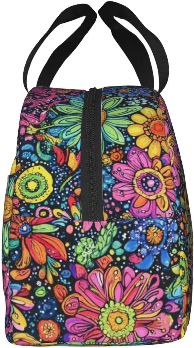 Lunch Bag Colorful Flower Art Insulated Lunch Box Reusable Cooler Tote for Adults Student Girl Boy Work Office School Picnic