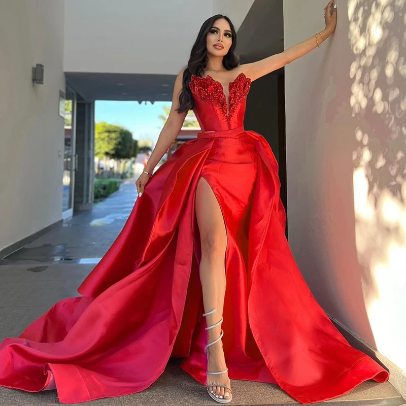 Thinyfull Red Sexy Mermaid Prom Evening Dresses Sweetheart Beading Split Night Dress Formal Cocktail Party Prom Gowns Plus Size