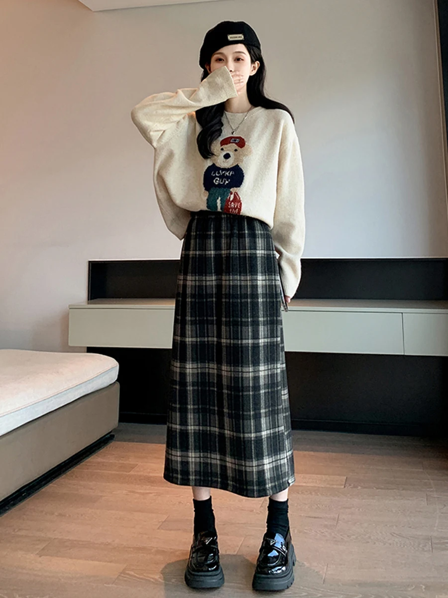 Retro Preppy Style Color Block Plaid Slimming Long Skirt Women's Fashion Design Waist Cinched Half Body Midi Skirt Casual Wear