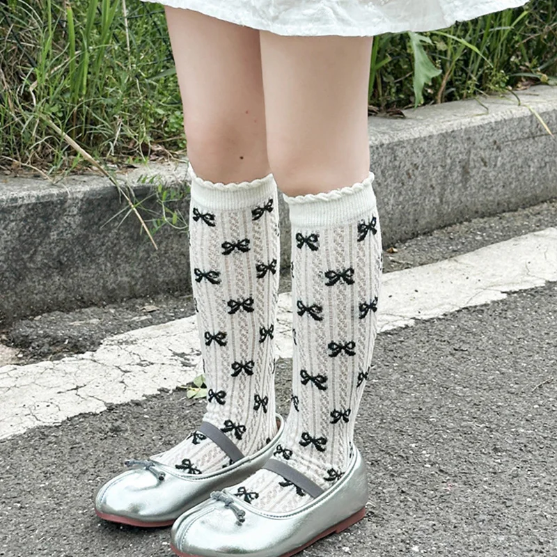 Dot Print Princess Girl Stockings Summer Thin Mesh Calf Socks Children Boneless Lace Long Socks Bow Kids Pile Stockings Footwear