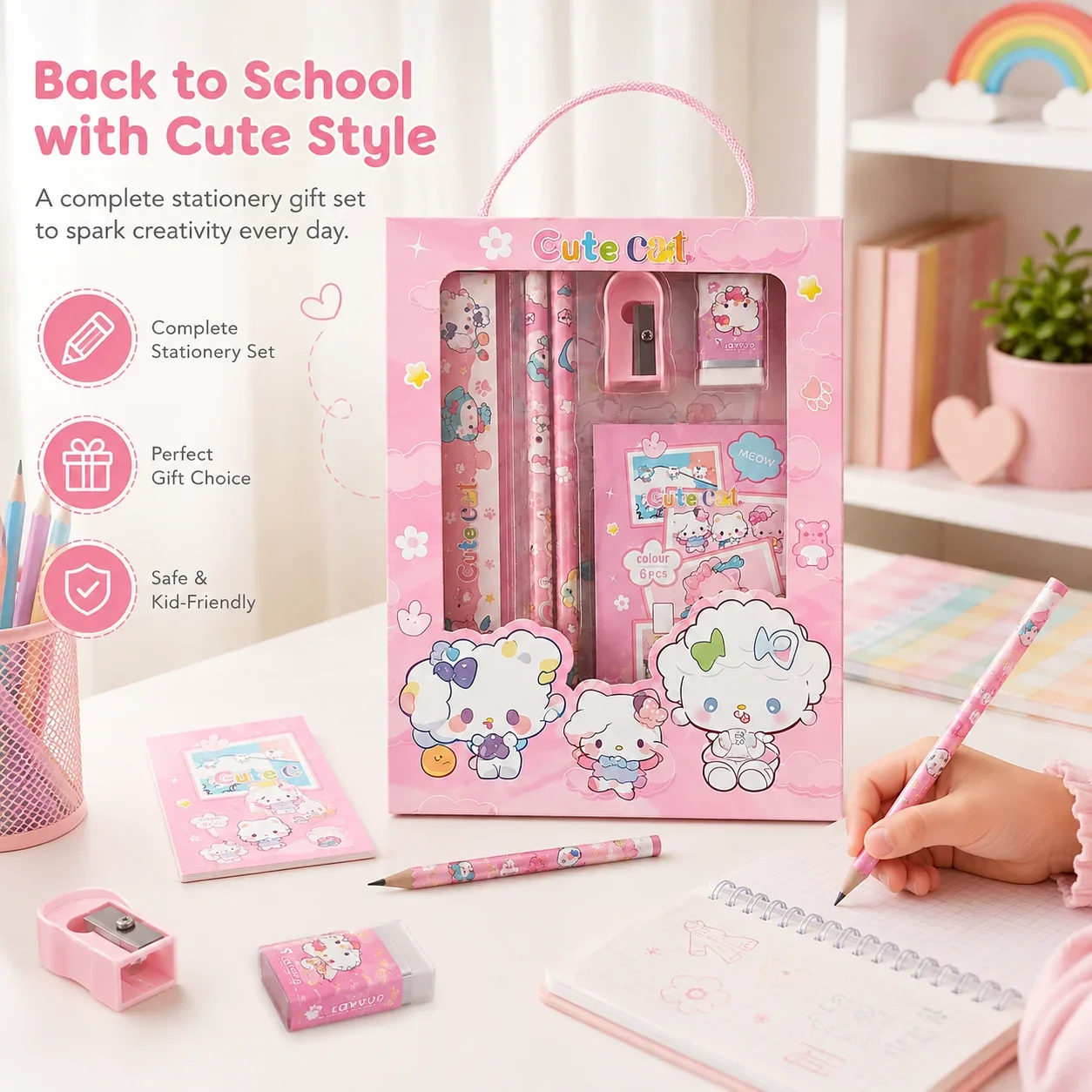 6 Piece Portable Stationery Set Kids School Supplies Writing Gift Set with Pencil Ruler Eraser Sharpener Notepad
