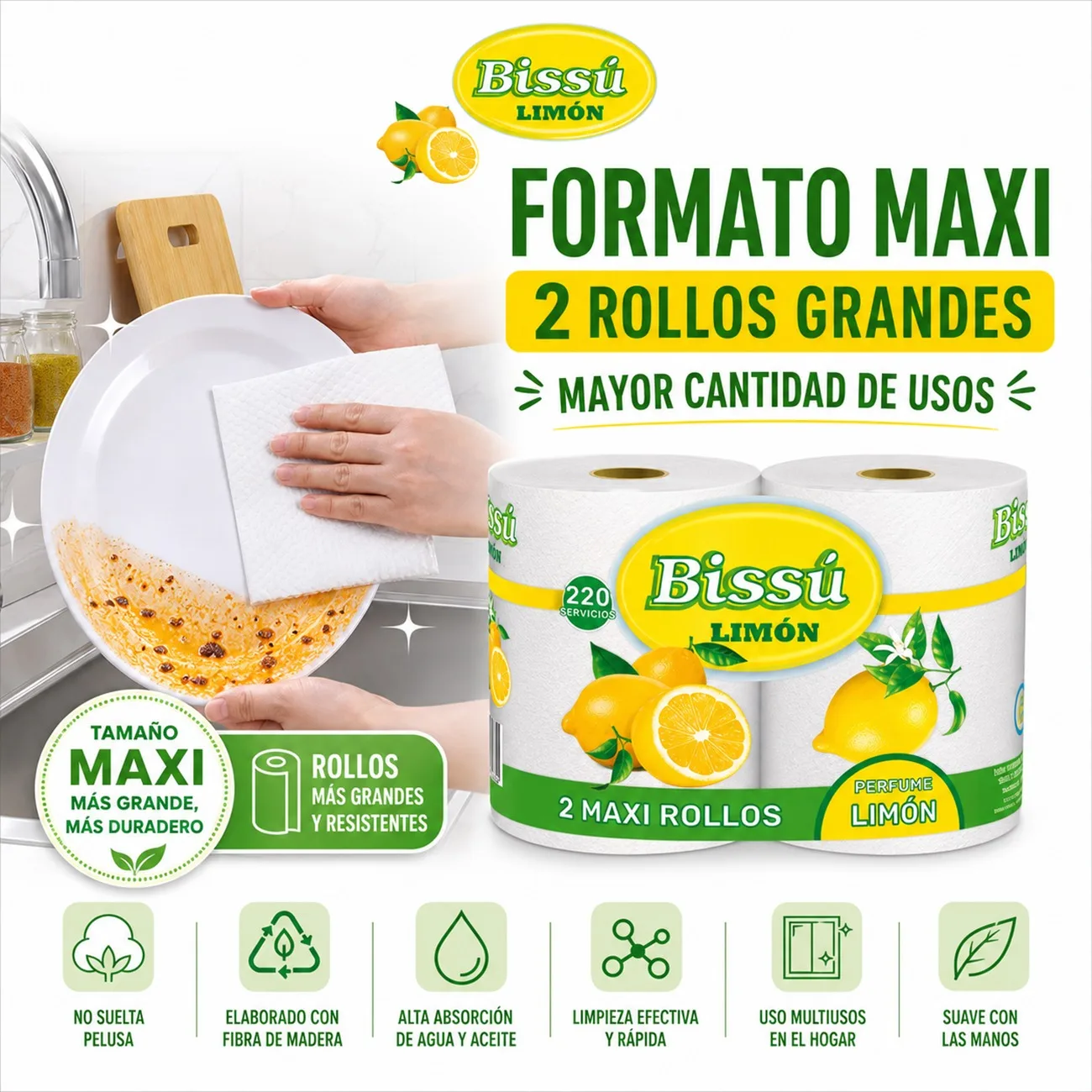 Papier essuie-tout Bissú Lemon, format maxi, lot de 2 grands rouleaux en fibres de bois, 220 feuilles par rouleau, ultra absorbant et résistant pour le nettoyage multi-usages à la maison