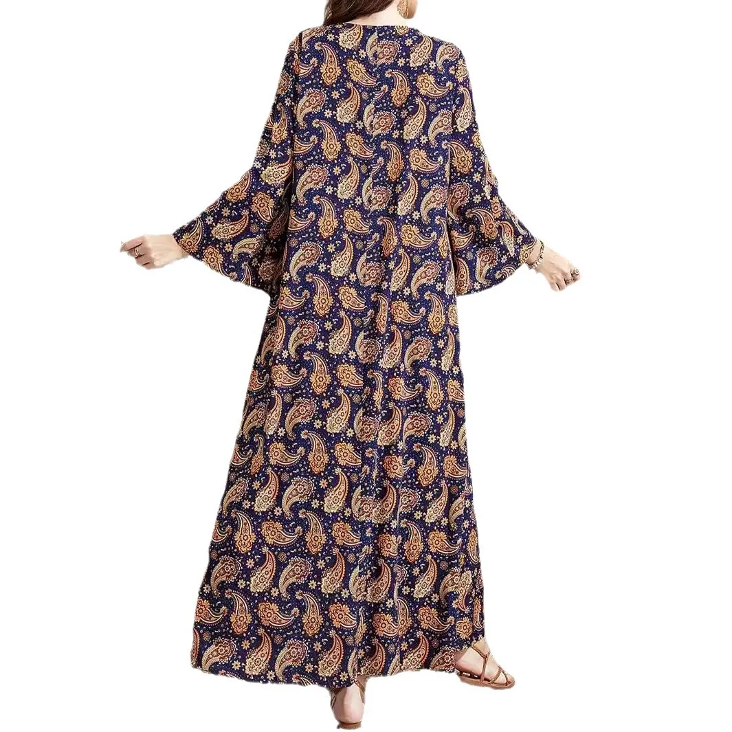 Middle East Women's Muslim Printed Long Dress Cross-Border Casual Splicing Flared Sleeve Dress Women's CW38565